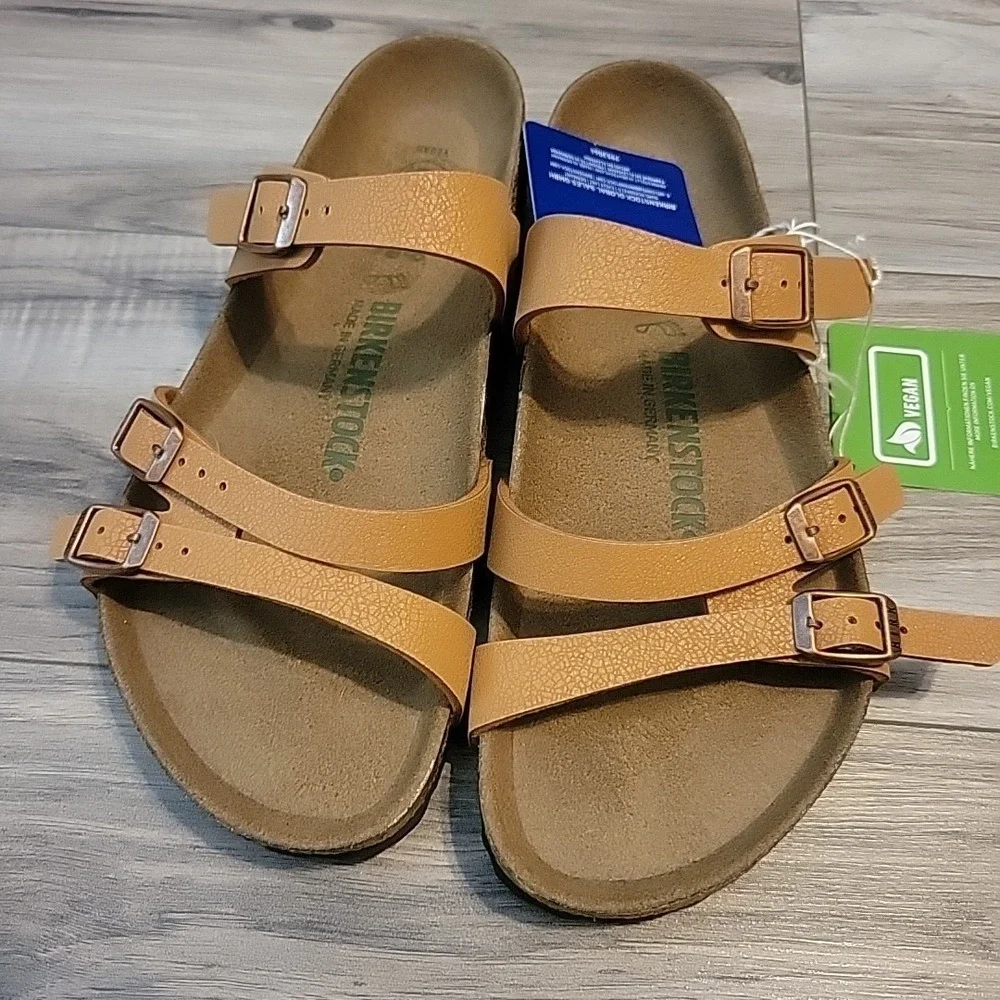 Birkenstock Sandals New Franca Pecan Birkibuc Vegan Tan Womens 8 US 39 EU NEW - Picture 1 of 10